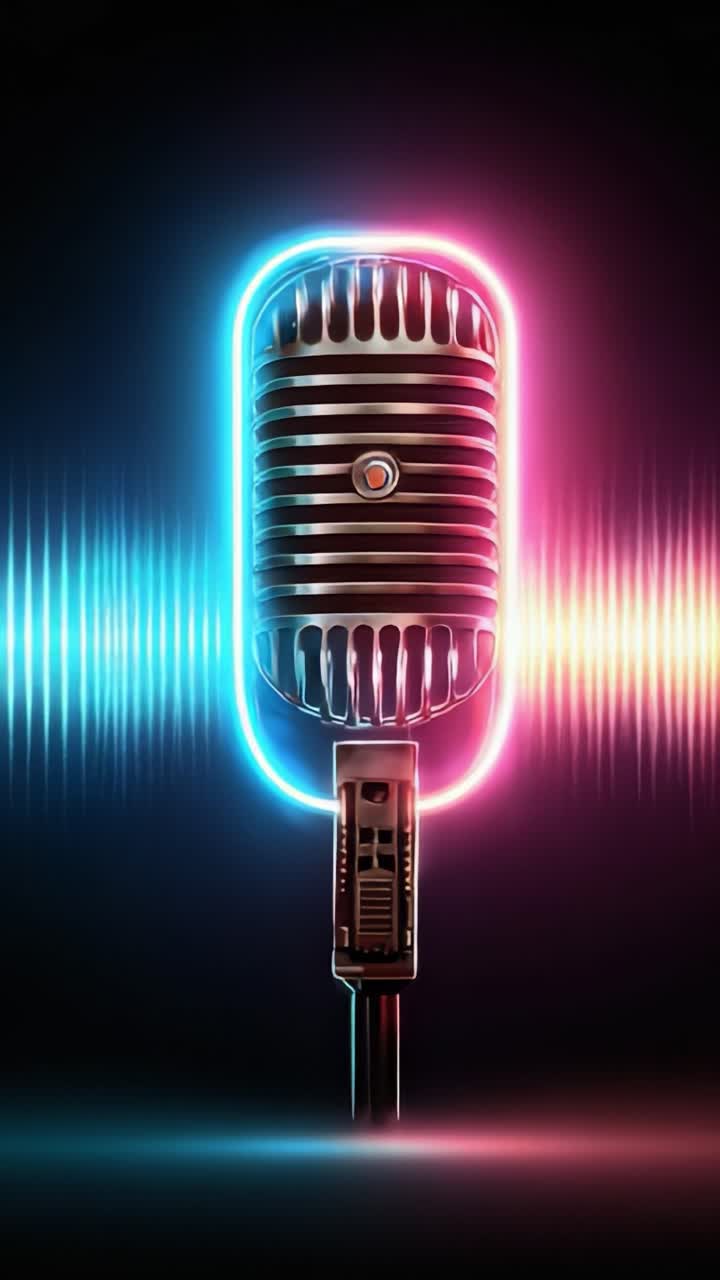 Microfono Neon Vibrante con Onde Sonore Dinamiche: Uno Spettacolare Esempio di Artigianato Audio e Design Moderno Catturato in Due Fotogrammi
