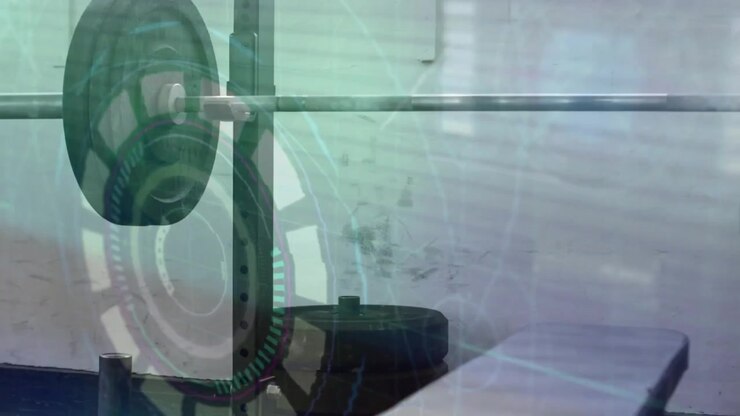 HUD debole che si avvia, bilanciere carico che entra in vista, banda color verde acqua che scorre, rivelando la diagnostica degli ingranaggi.