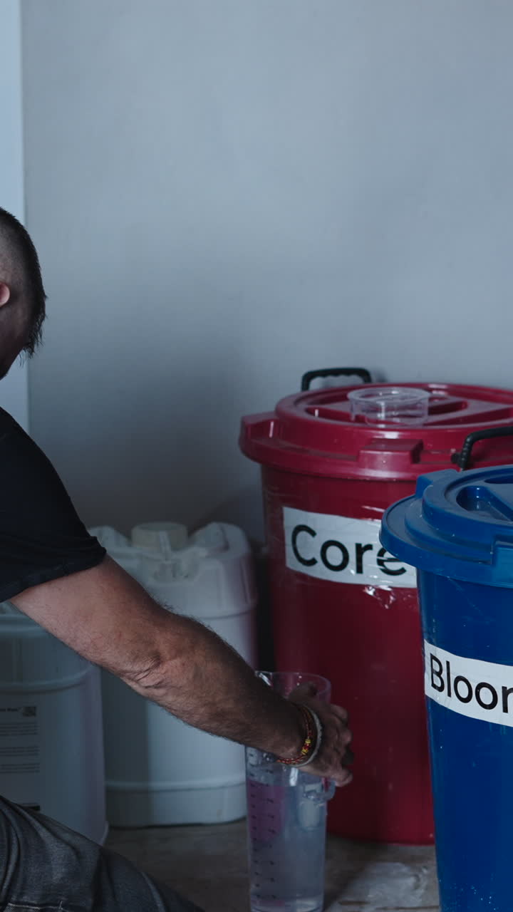 Uomo che versa liquido da un contenitore grande in un misurino