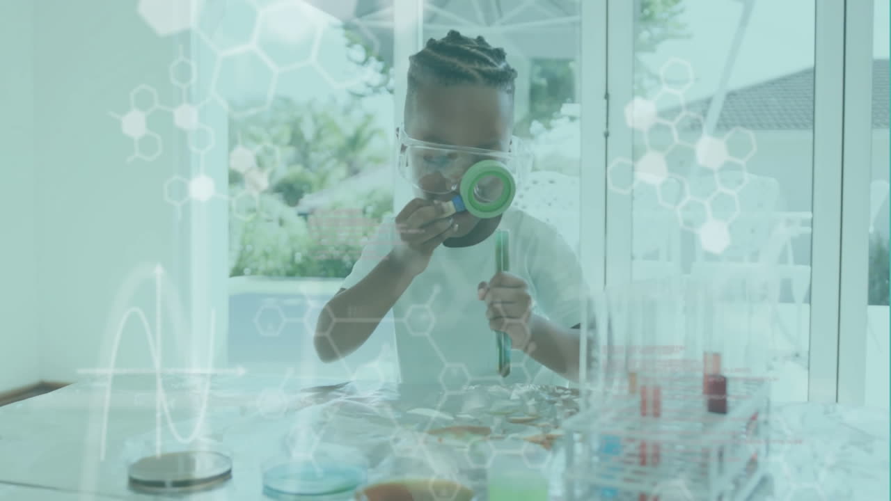 Animation of data processing and chemical formula over african american boy doing experiments