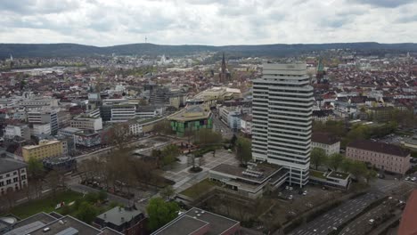 Aerial-townscape-of-Kaiserslautern-city-center-with-empty-streets-on-Sunday-morning,-Germany