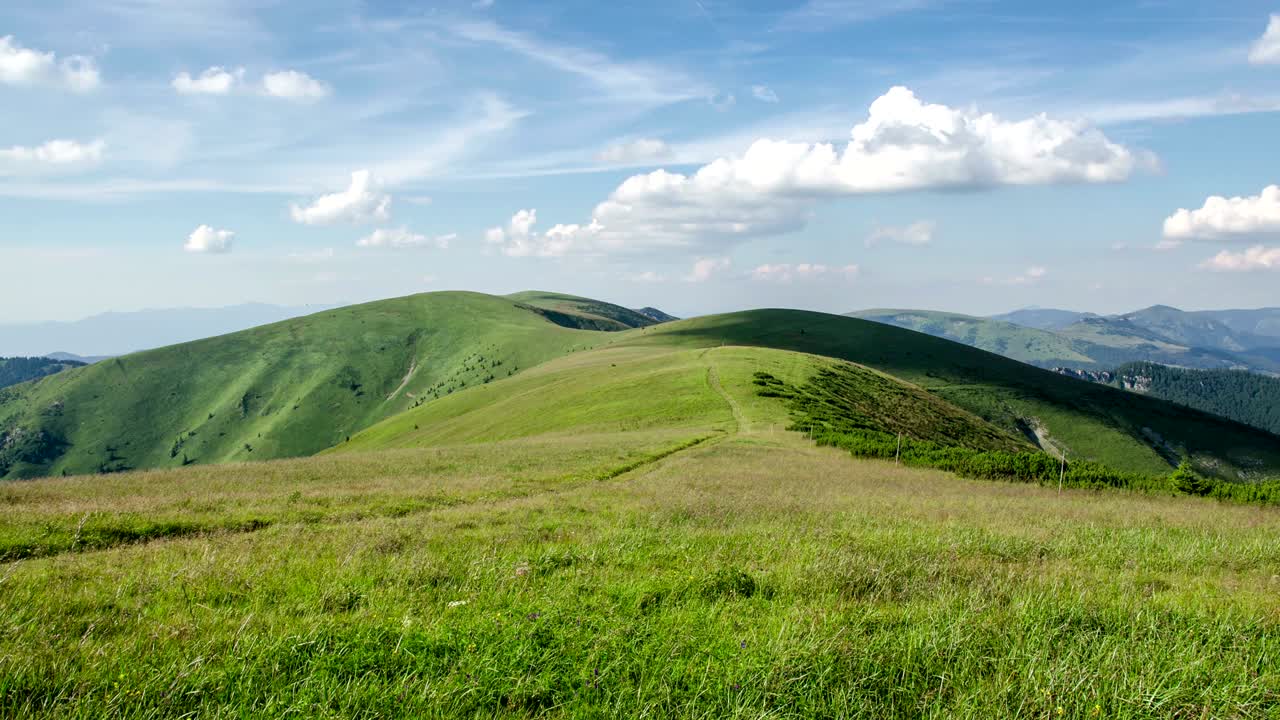 спокойный солнечный день на зеленой горной луге с голубым небом и белыми облаками.