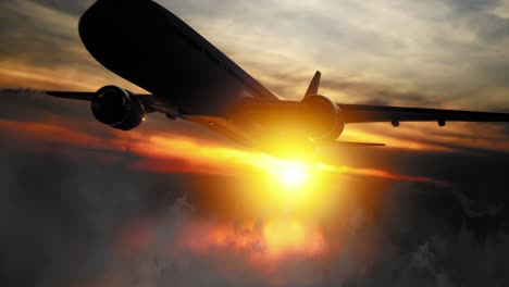 avión de pasajeros alto en el cielo. puesta de sol y nubes oscuras
