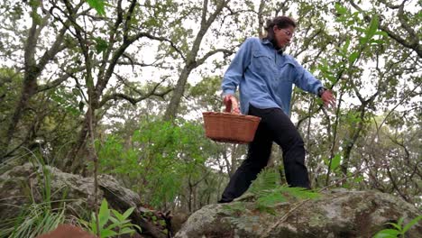 Mujer-Con-Cesta-Caminando-Entre-Piedras-En-El-Bosque