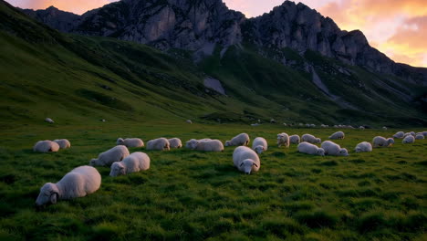 sheep grazing in mountain valley at sunrise/sunset