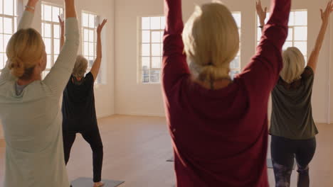 Clase-De-Yoga-De-Mujeres-Maduras-Sanas-Que-Practican-Pose-Guerrera-Disfrutando-Del-Ejercicio-Físico-Matutino-En-El-Estudio-Al-Amanecer.