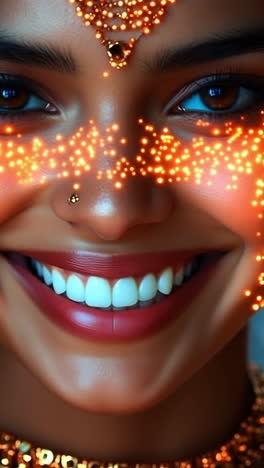 festive lights and sweet smiles. a joyful woman with glowing face decorations celebrates at a vibrant evening cultural festival.