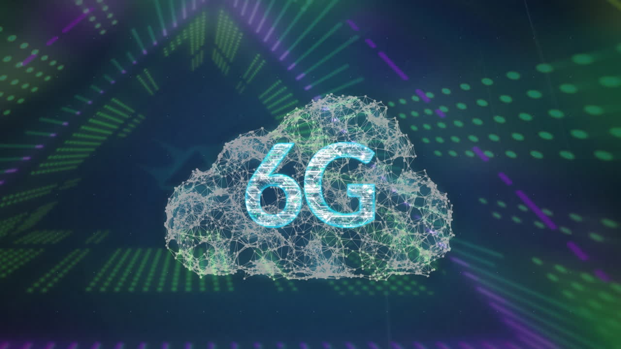 animación de texto de 6g con nube digital sobre senderos de luz de neón