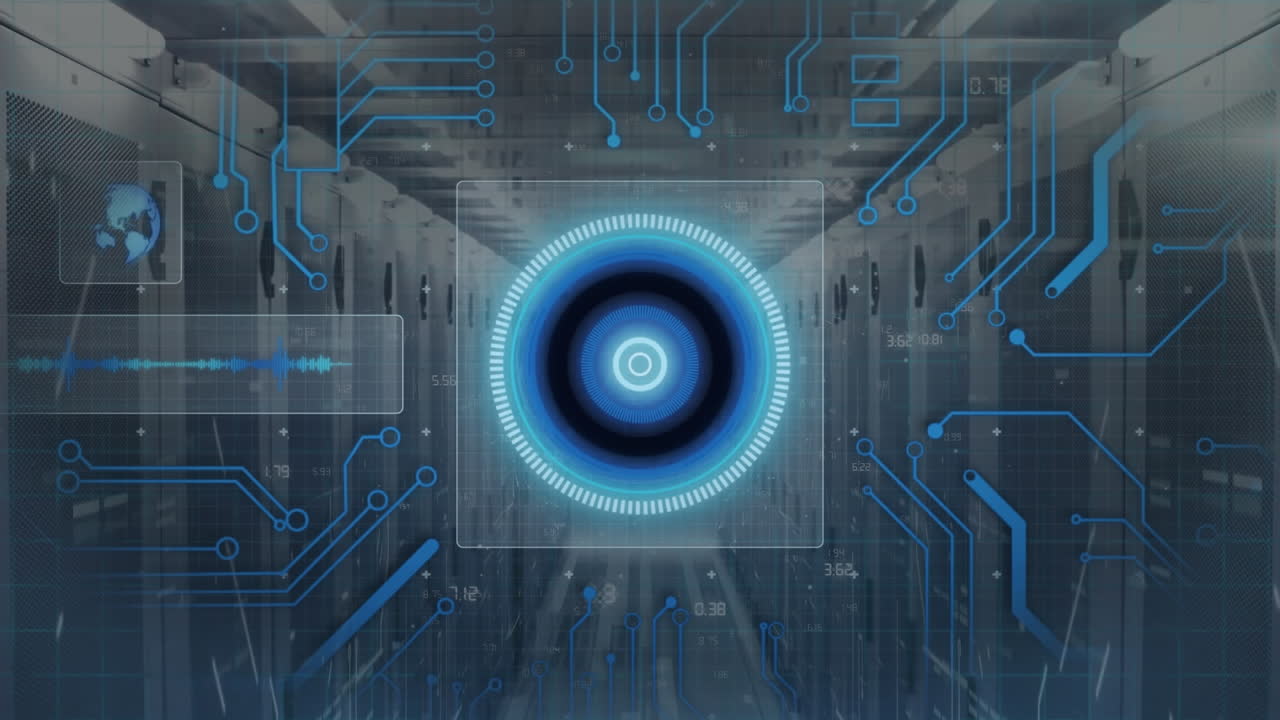 animazione delle connessioni dello scanner rotondo e del microprocessore su un globo rotante contro la sala server