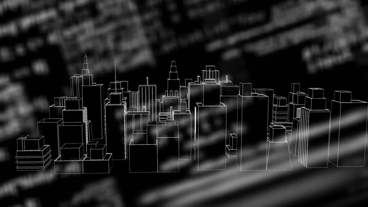 Animation of 3d cityscape with data processing on black background
