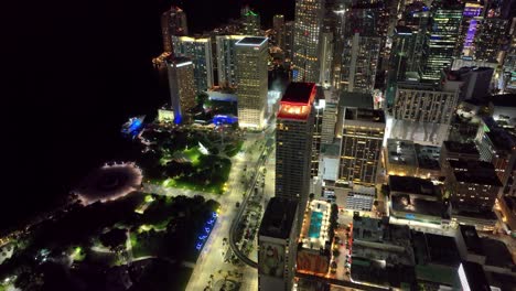 miami's nighttime allure unfolds in this aerial view, showcasing landmark buildings and the vibrant city traffic