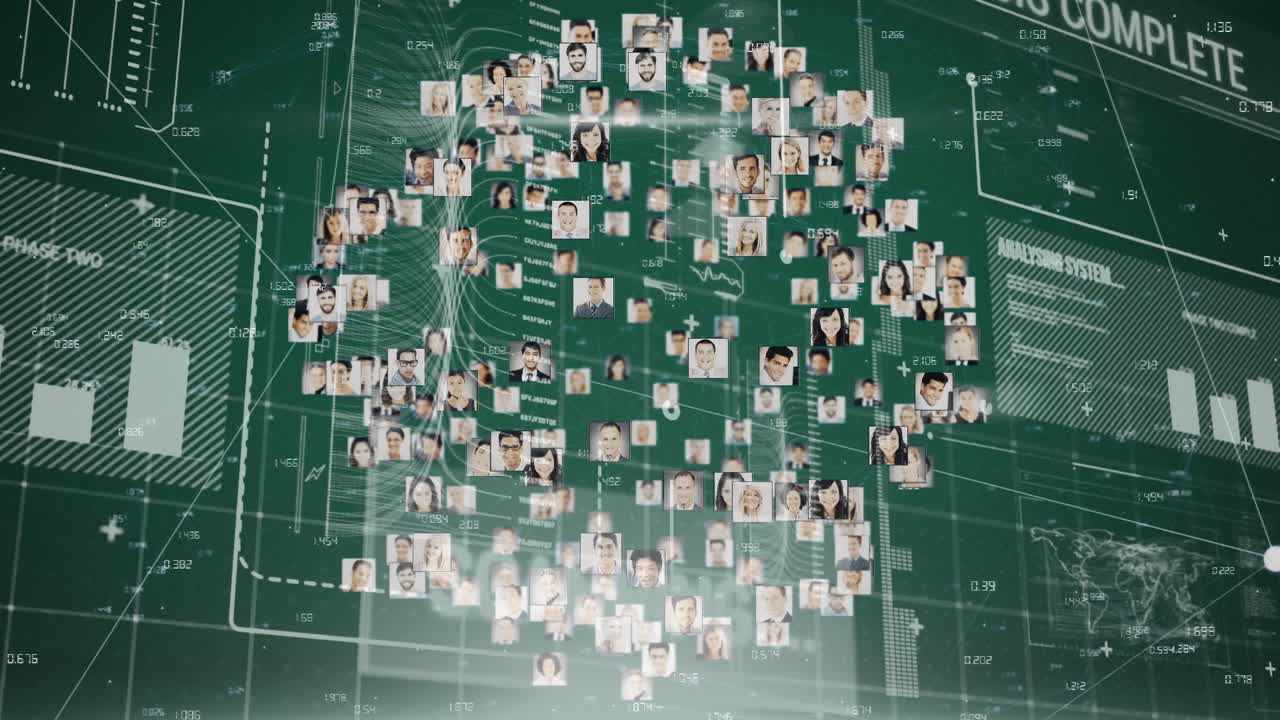 animación de la red de conexiones de múltiples fotos que forman un globo