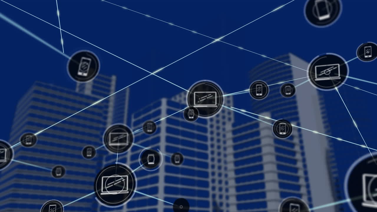 Animation of network of connections with icons over cityscape