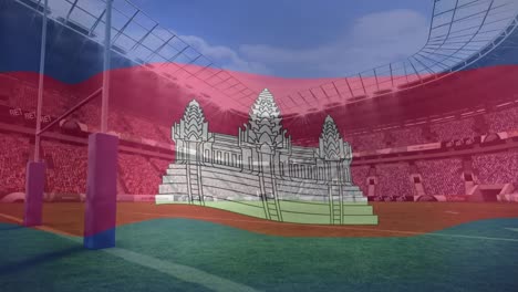 Animation-Der-Schwenkenden-Kambodscha-Flagge-Vor-Dem-Blick-Auf-Ein-Rugbystadion