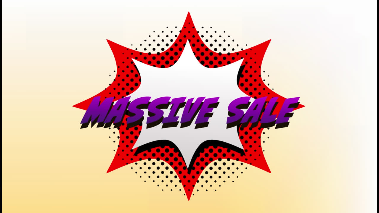 ilustración de formas de explosión con puntos negros y texto de venta masivo en fondo blanco