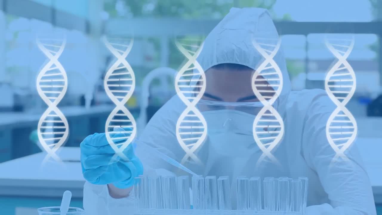 científico en el laboratorio y la doble hélice de adn