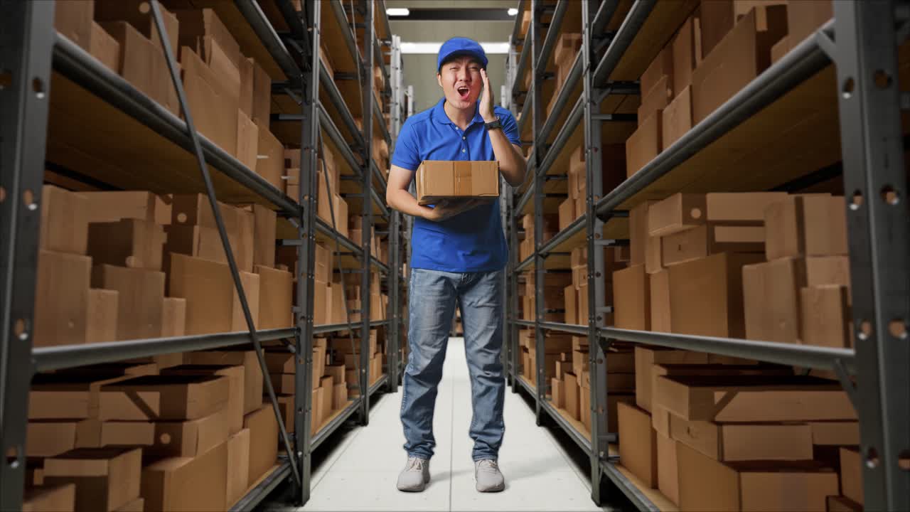 cuerpo lleno de mensajero masculino asiático en uniforme azul sonriendo y hablando a la cámara mientras entrega un cartón en el almacén