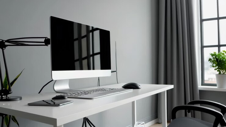 Moderna postazione scrivania con computer, monitor e periferiche