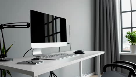 modern computer desk setup with monitor and peripherals