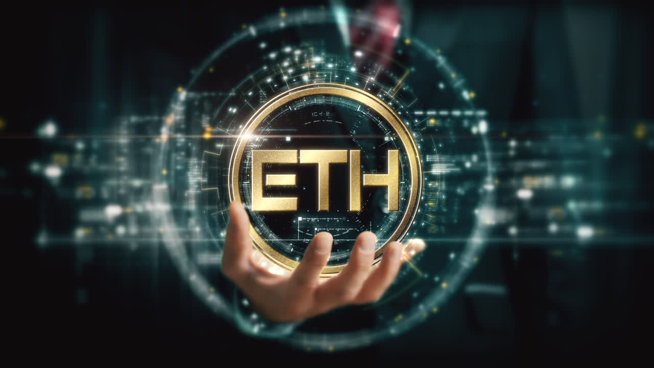 A visionary businessman extends his hand, unveiling a vibrant futuristic holographic display showcasing global crypto trading, business analytics, stock exchanges, and market trends : Ethereum, ETH,