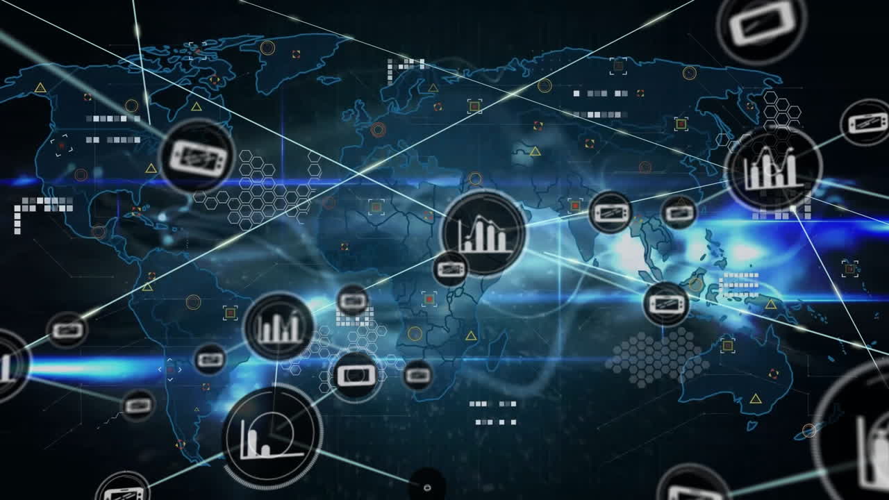 animación de la red de conexiones con iconos sobre el mapa del mundo