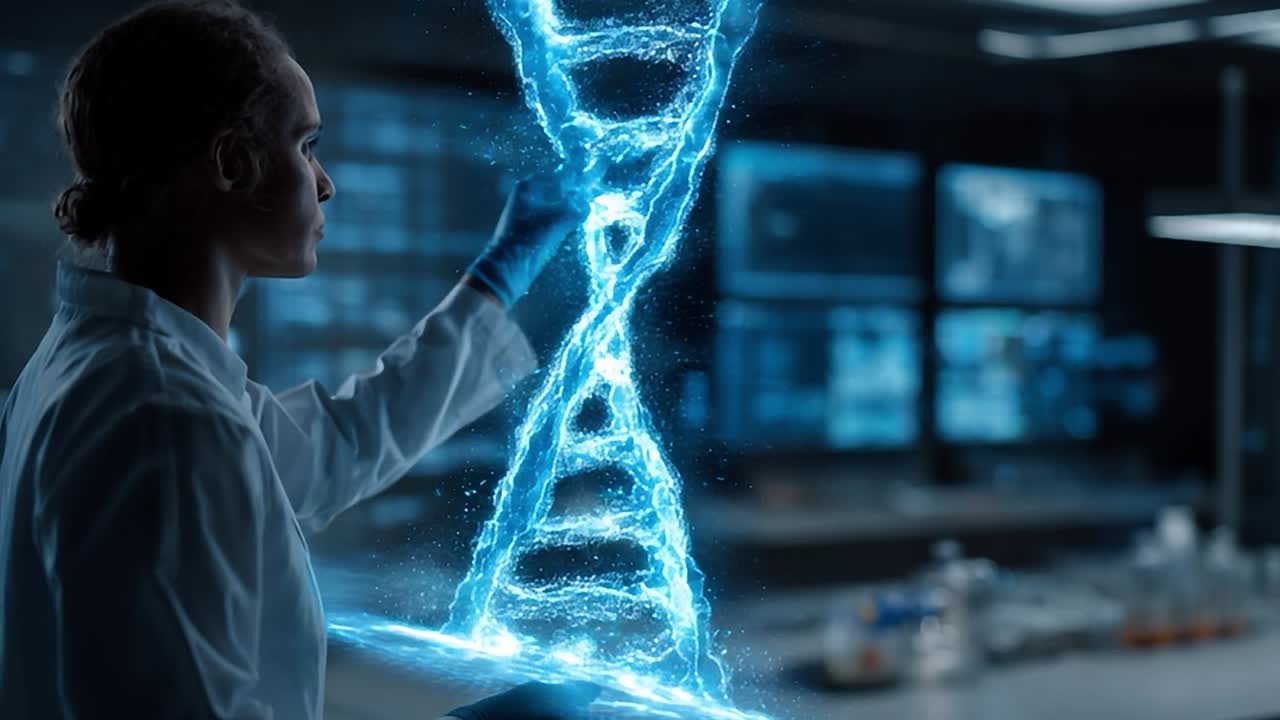 Scientist explores molecular structures in a futuristic laboratory setting
