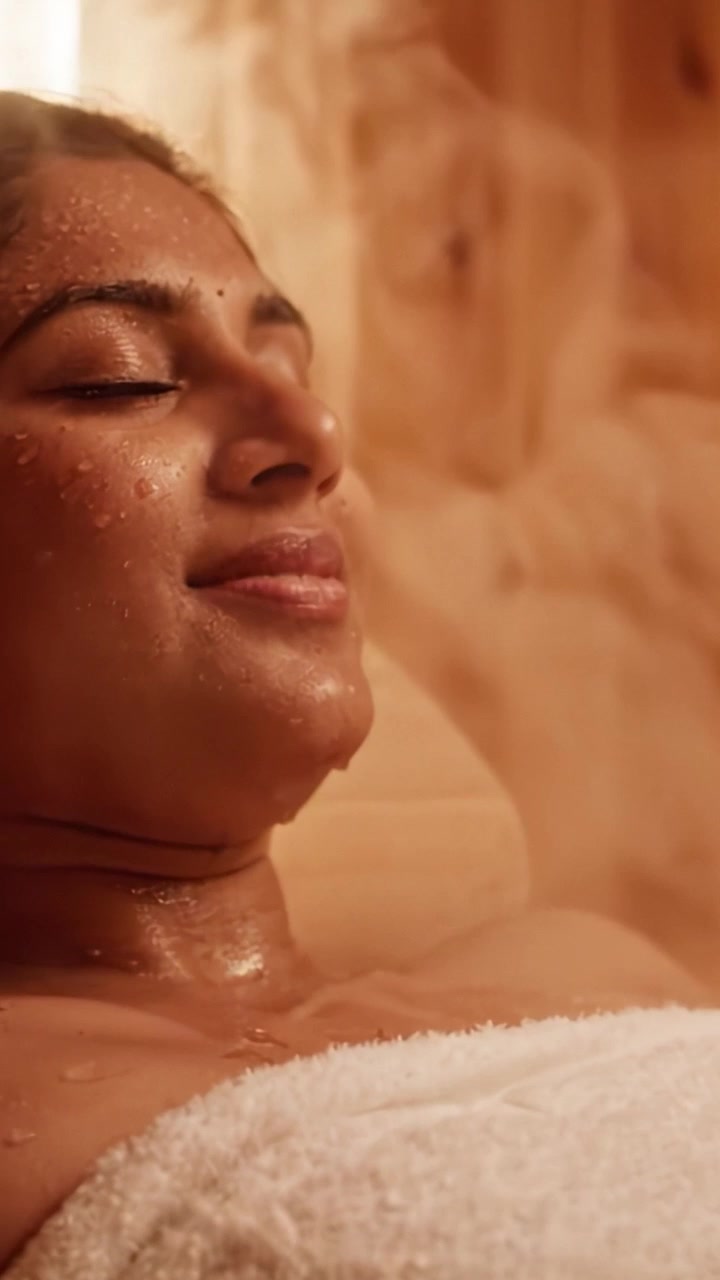 Momenti di relax in una spa: un'esperienza serena di tranquillità e benessere mentre una donna si gode un trattamento rigenerante con acqua e vapore