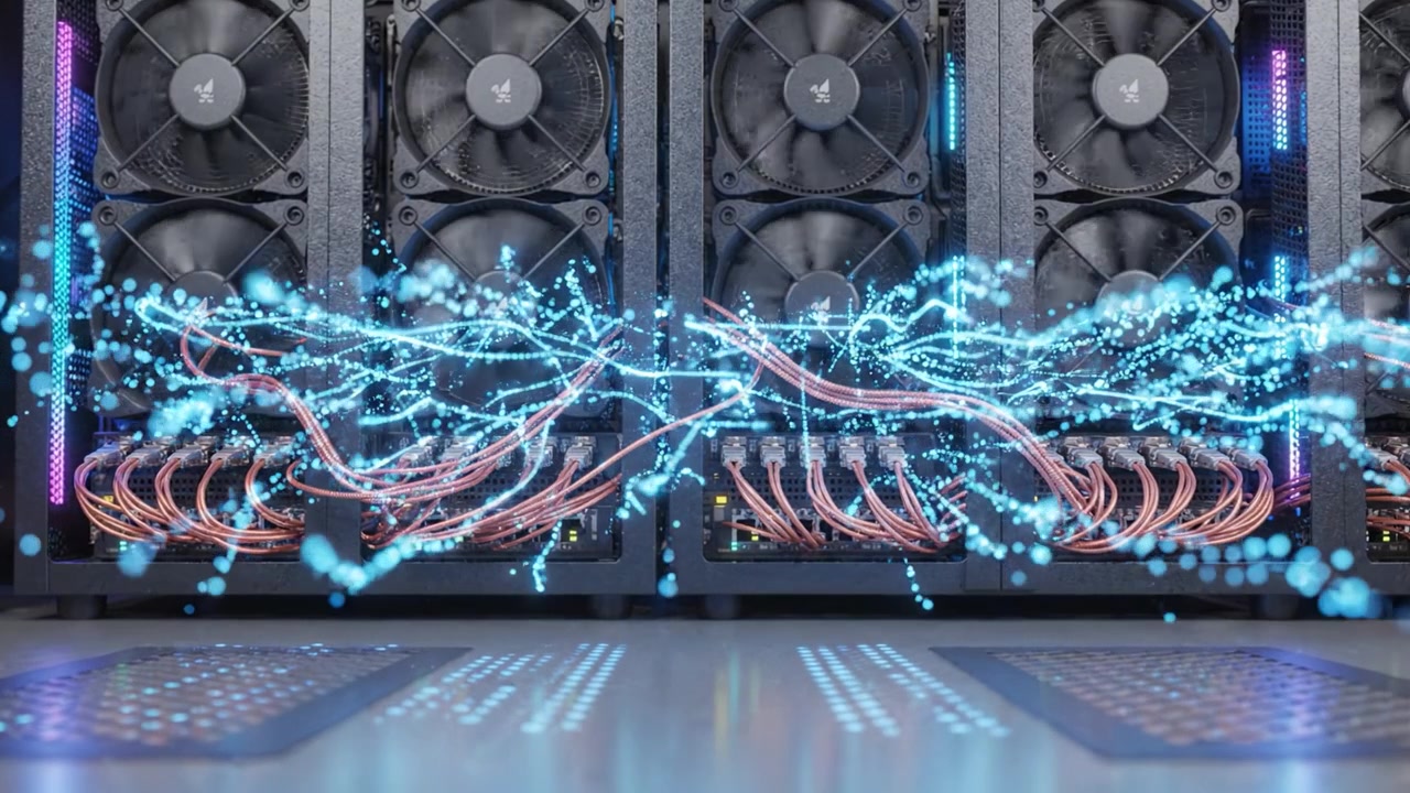 A High-Performance Computing Setup Showcasing Powerful Graphics Cards and Cooling Fans Wired for Optimal Data Processing and Efficient Performance in Technology