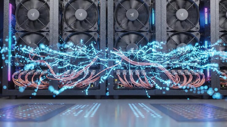 A High-Performance Computing Setup Showcasing Powerful Graphics Cards and Cooling Fans Wired for Optimal Data Processing and Efficient Performance in Technology