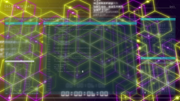 Animation of network of connections and data processing over screens