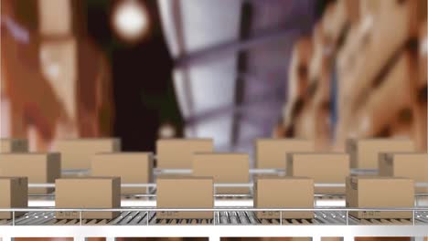 animation of cardboard boxes moving on conveyor belts over warehouse