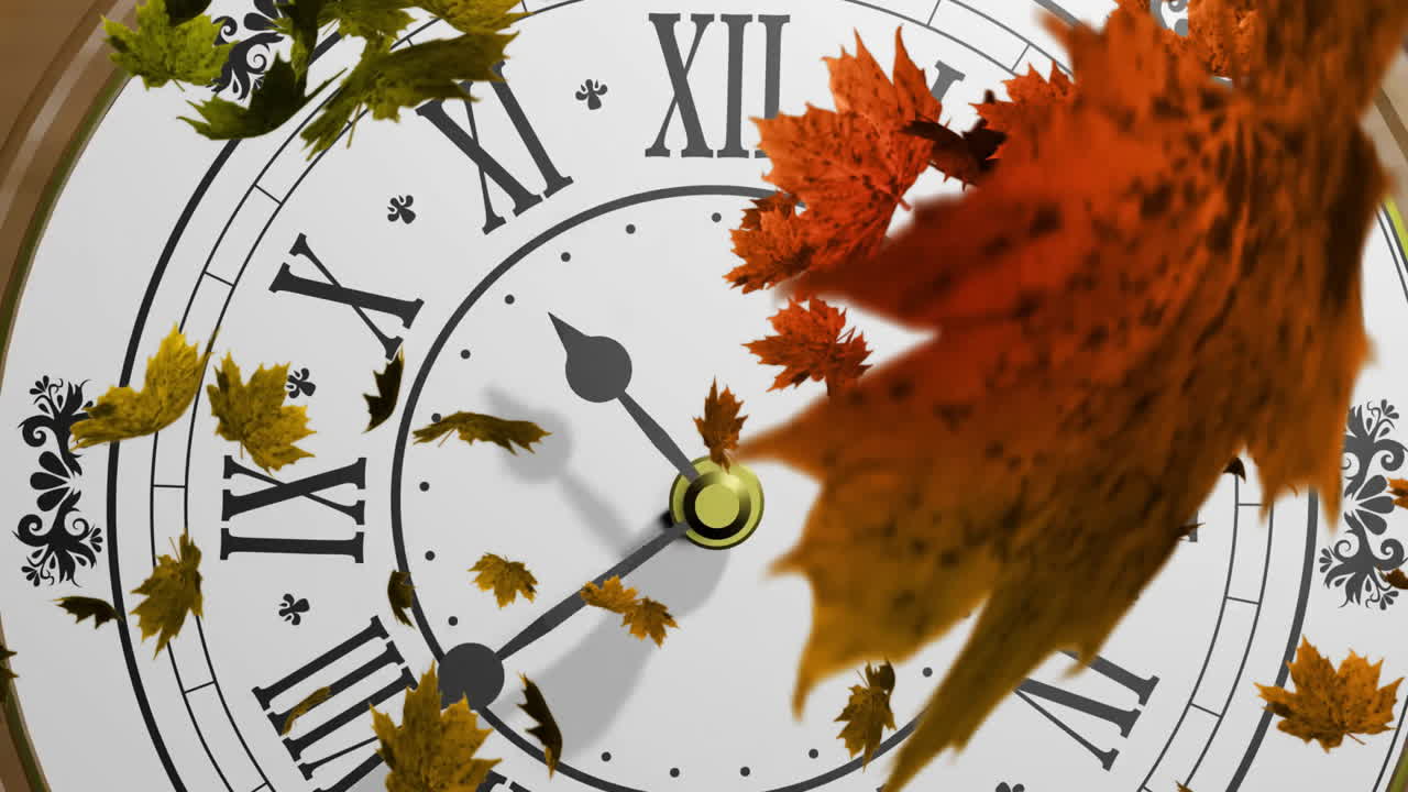 animación de hojas de otoño sobre un reloj en movimiento