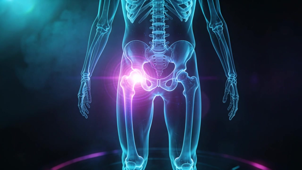 Un'evidenziazione rosa pulsante appare, che sonda l'anca sinistra di un ologramma scheletrico su una base per una dimostrazione anatomica.