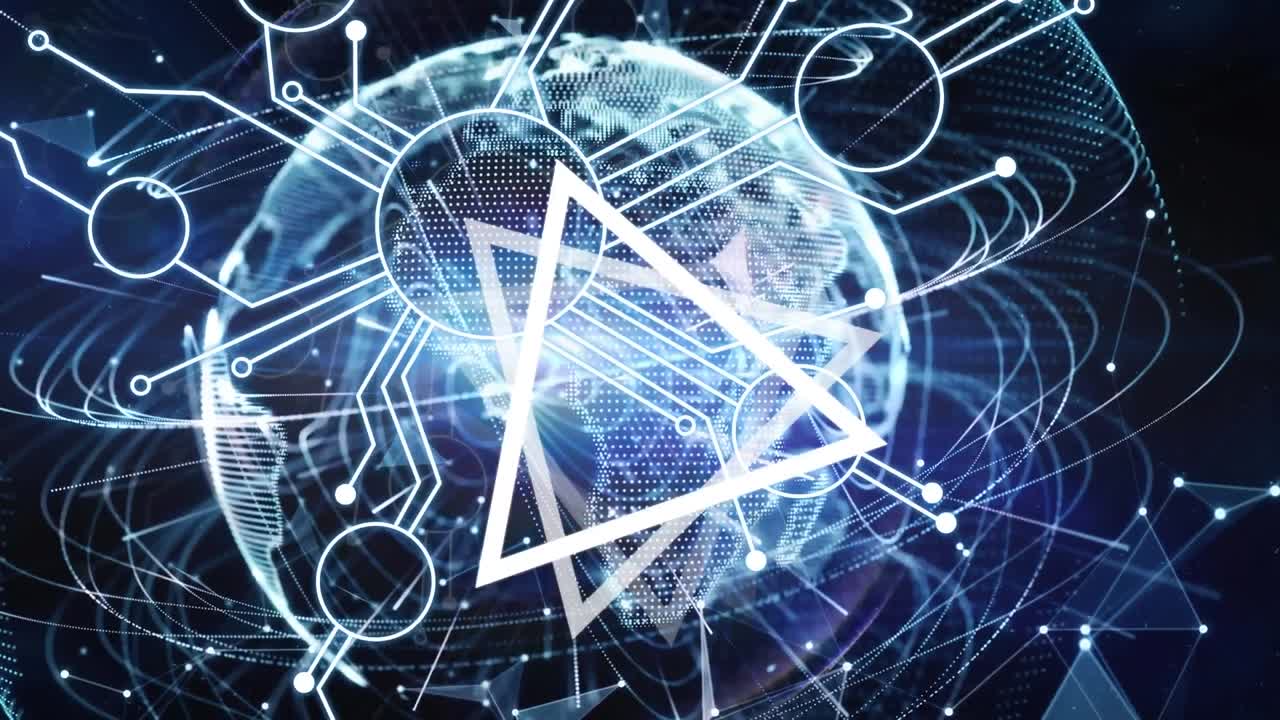 해군 배경에 회전하는 삼각형, 연결 및 지구의 애니메이션