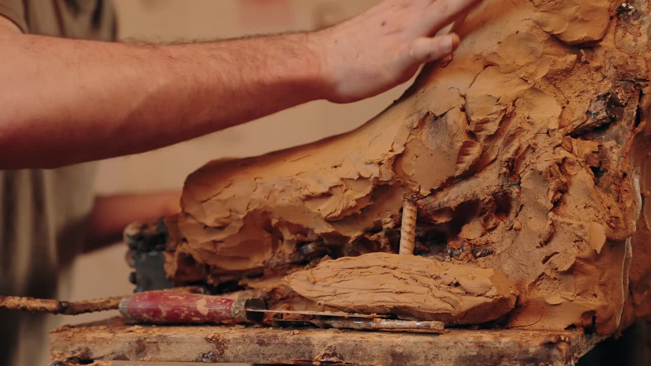 close up of hand sculpting clay artwork in warm indoor workshop setting
