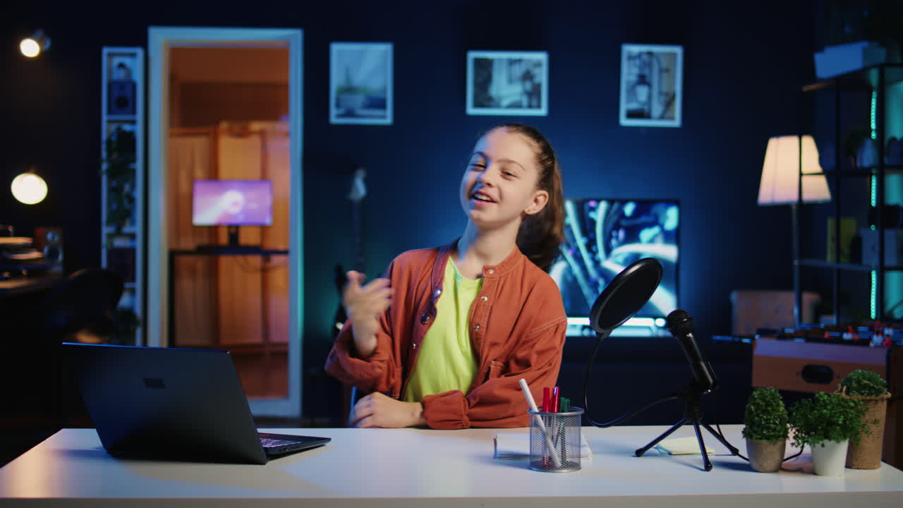 una niña filmando un video para su canal en línea recién abierto, presentándose a la audiencia