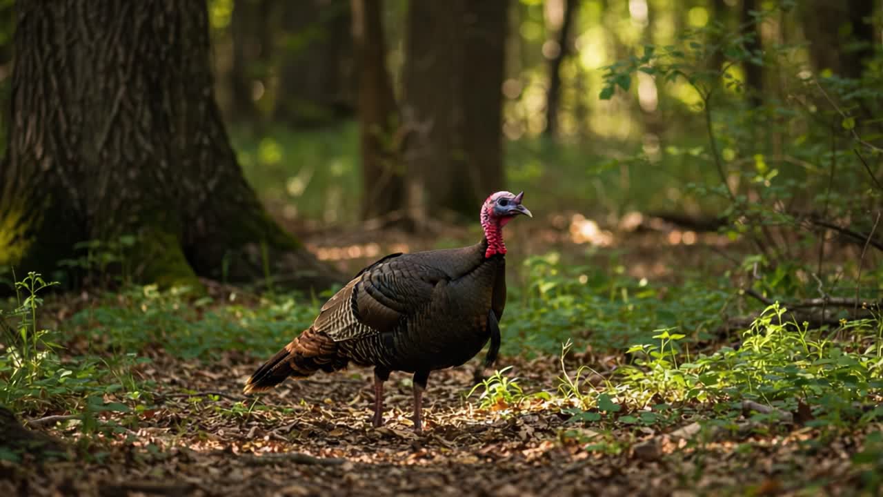 Un majestuoso pavo deambulando por un exuberante sendero forestal, con su elegante plumaje brillando bajo la suave luz del sol, capturando perfectamente la serenidad de la belleza de la naturaleza.