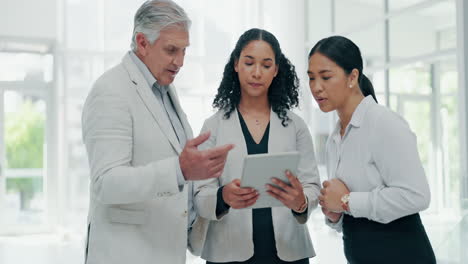 team, business and tablet for online reading