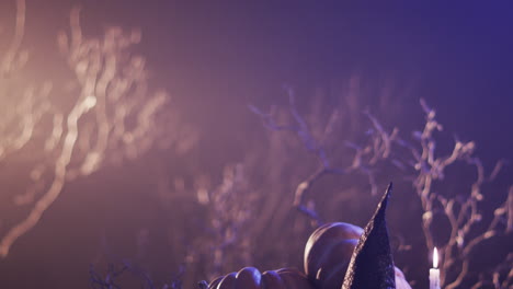 video of halloween pumpkins, hat, candle and copy space on purple background