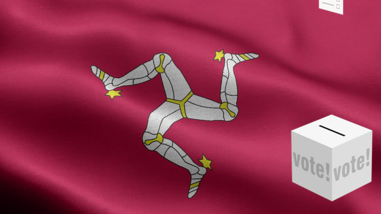las papeletas de votación vuelan a la caja para la isla de man selección - caja de votación frente a la bandera - elección - voto - bandera de la isla de man - isla de man bandera de alto detalle - bandera nacional isla de man patrón de onda elementos bucleables - textura de tela y bucle sin fin