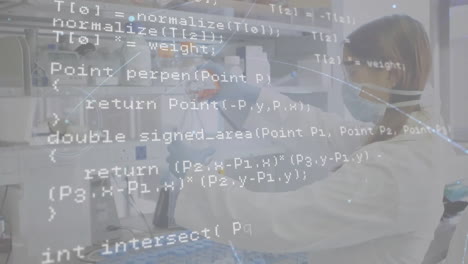 animation of scientific data processing over caucasian female scientist in laboratory