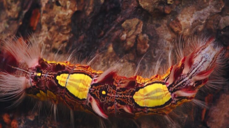 Primo piano di un bruco di falena Megalopygidae che striscia lentamente sulla corteccia di un albero nella foresta pluviale del Perù.