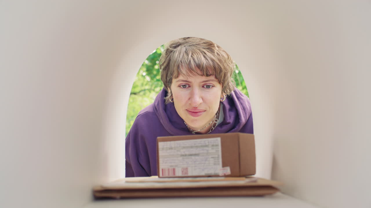 Young Woman in Hoodie Collecting Letters and Parcel from Mailbox