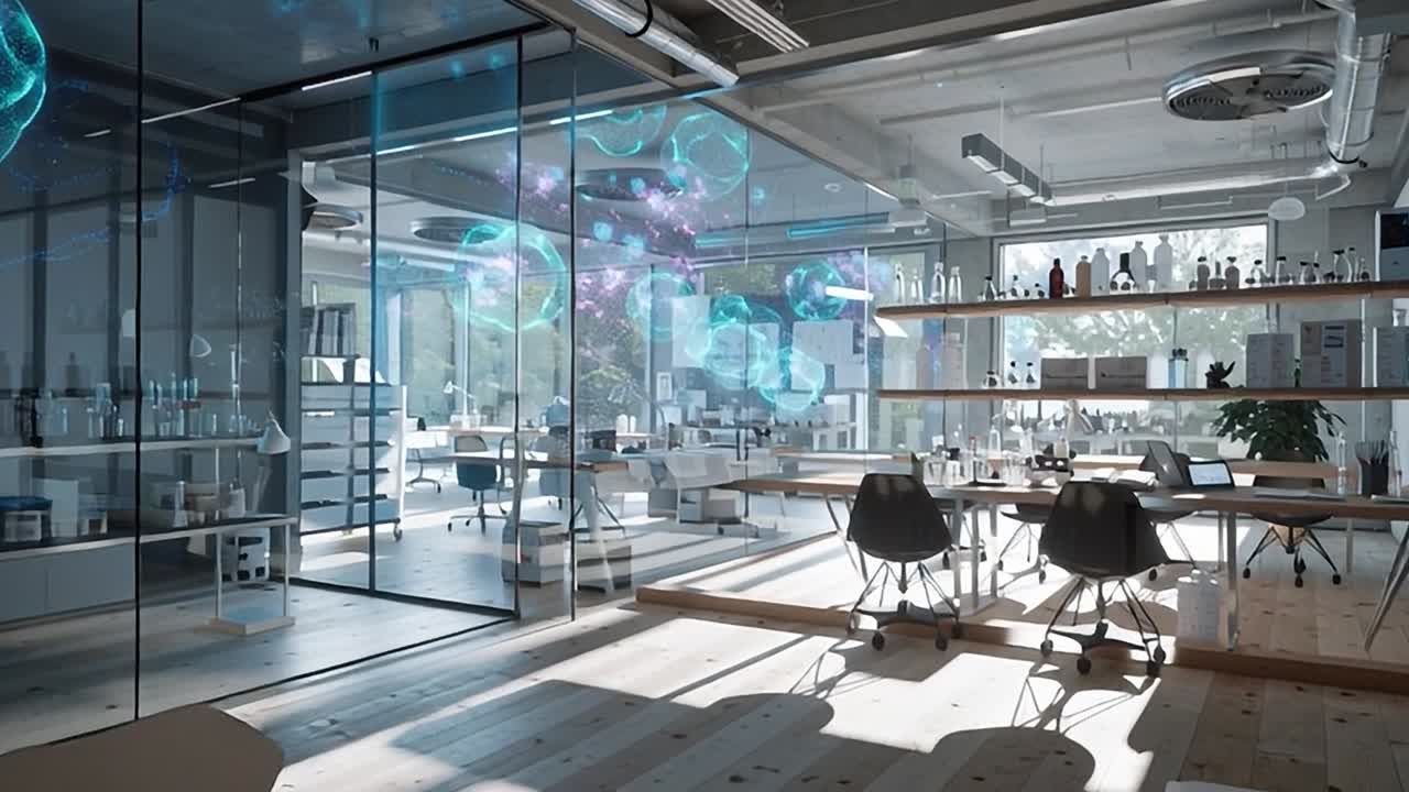 Moderne laboratorieinteriør med futuristisk teknologi og visuelle elementer