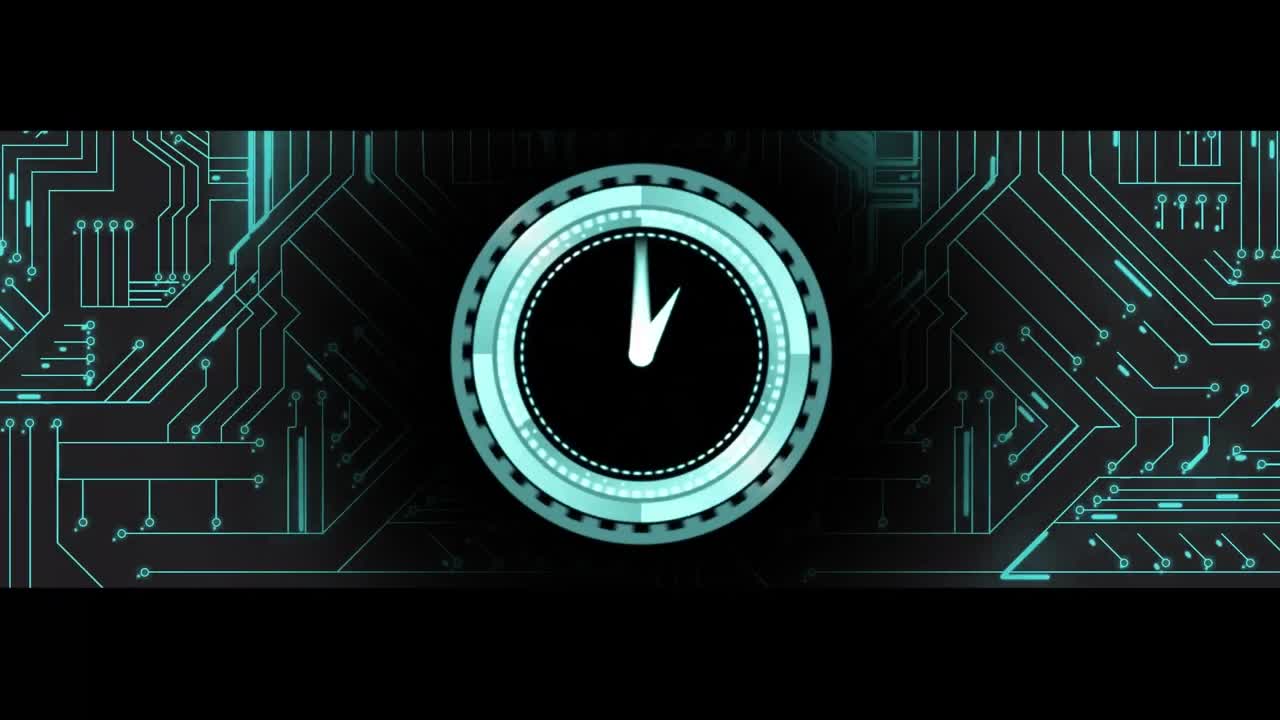 Animation of clock ticking and data processing over circuit board