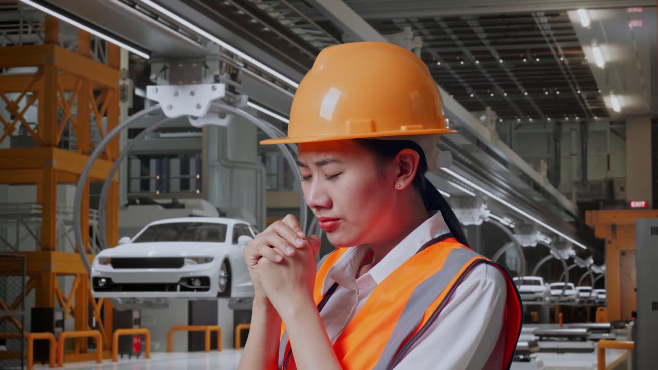 안전 헬을 입은 아시아 여성 엔지니어가 ev 자동차 공장에서 서있는 동안 무언가를 위해 기도합니다.