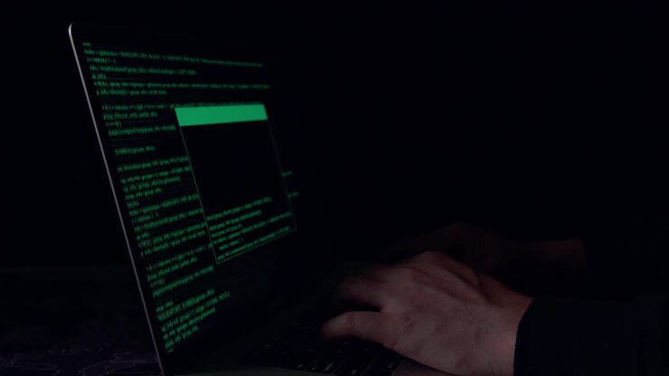 Hands Hacker Using Laptop Computer Hacking In The Dark Room