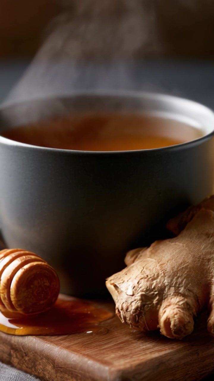 Tè allo zenzero aromatico con miele in un'elegante tazza nera, radice di zenzero fresco nelle vicinanze, che emette vapore e invita al calore, perfetto per momenti di comfort.
