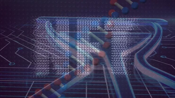 Animation of nft text and dna strand over data processing and computer circuit board