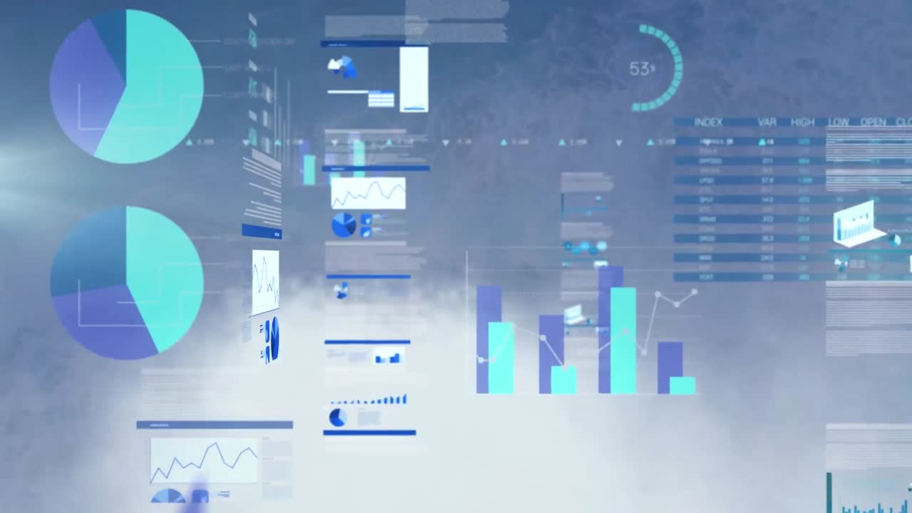animación del procesamiento de datos estadísticos en comparación con la vista aérea de las olas marinas.